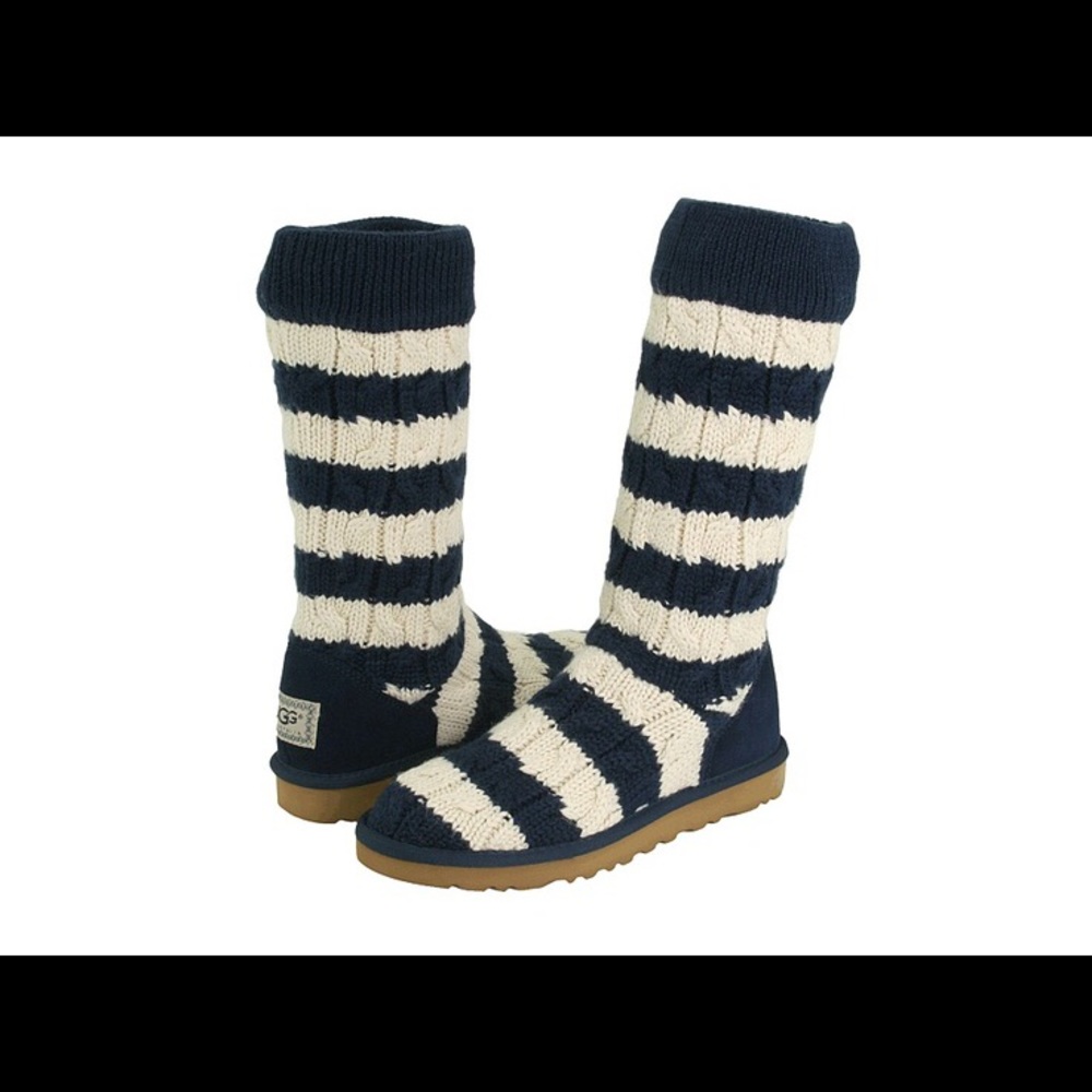 ugg classic tall stripe cable knit blue and white